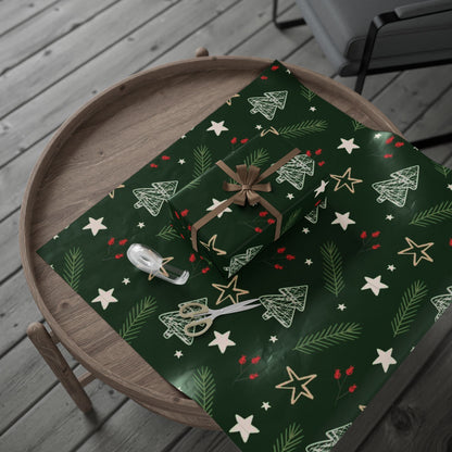Festive Green Christmas Wrapping Paper with Stars and Holly