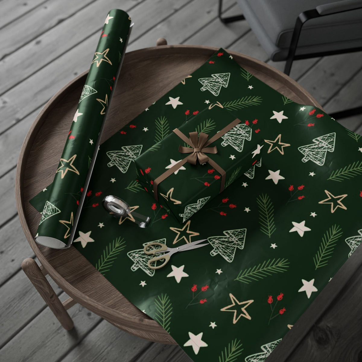 Festive Green Christmas Wrapping Paper with Stars and Holly