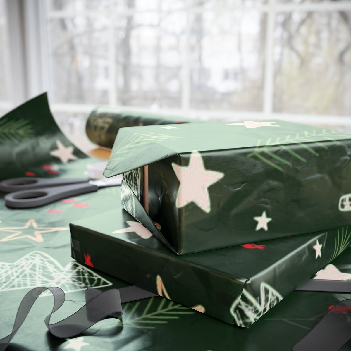 Festive Green Christmas Wrapping Paper with Stars and Holly