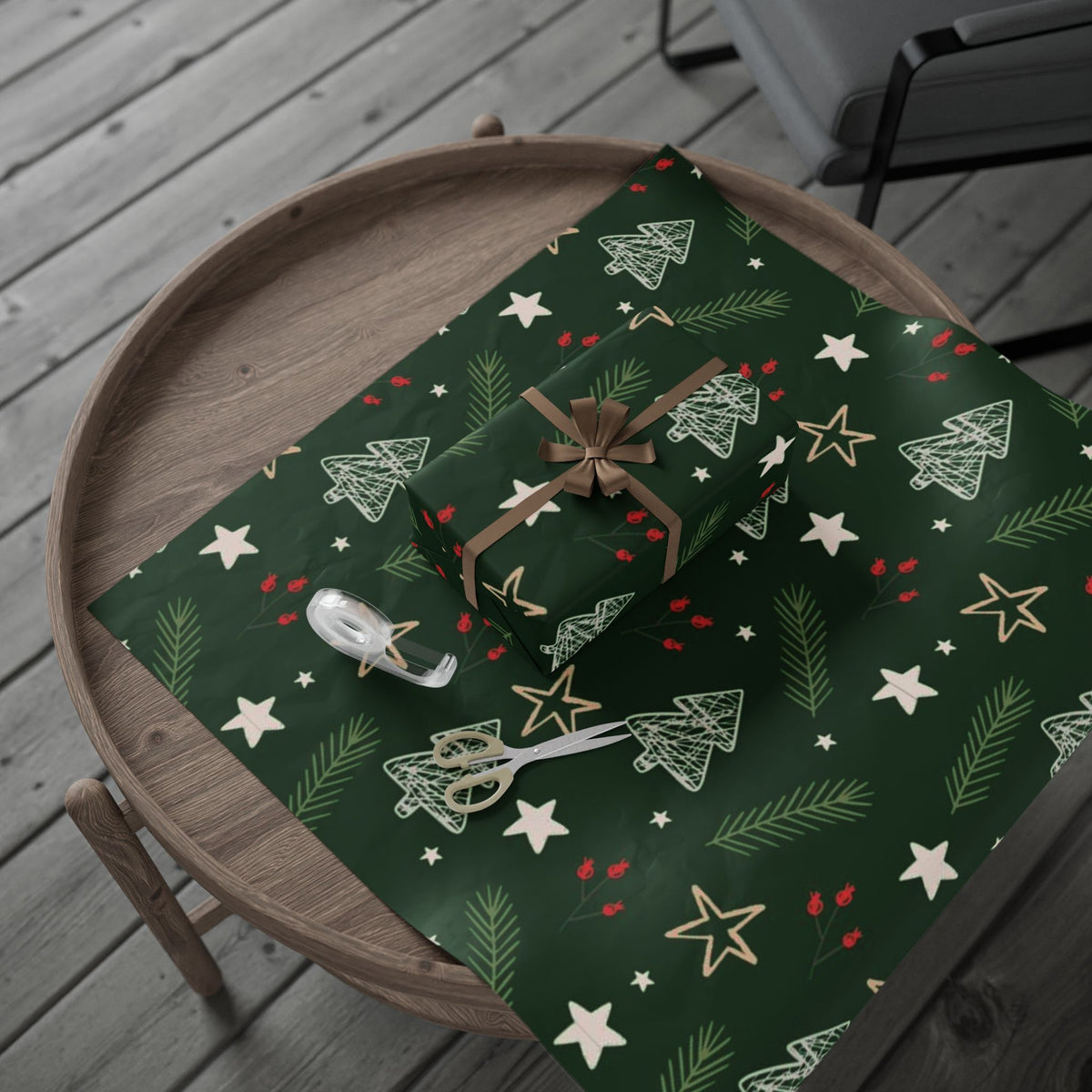 Festive Green Christmas Wrapping Paper with Stars and Holly
