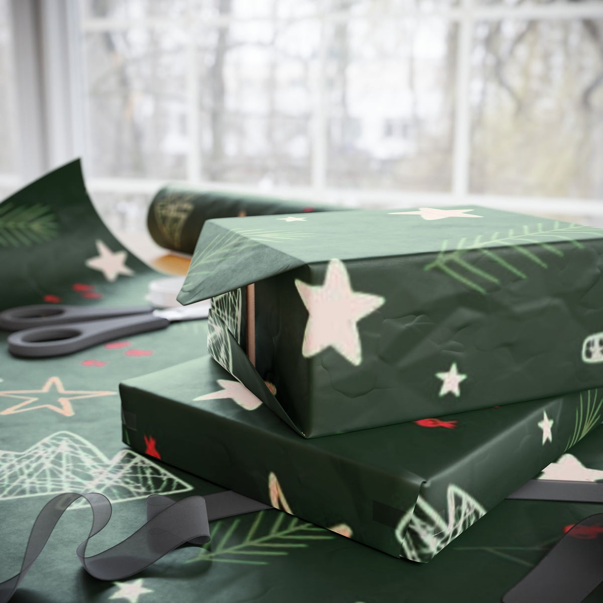Festive Green Christmas Wrapping Paper with Stars and Holly