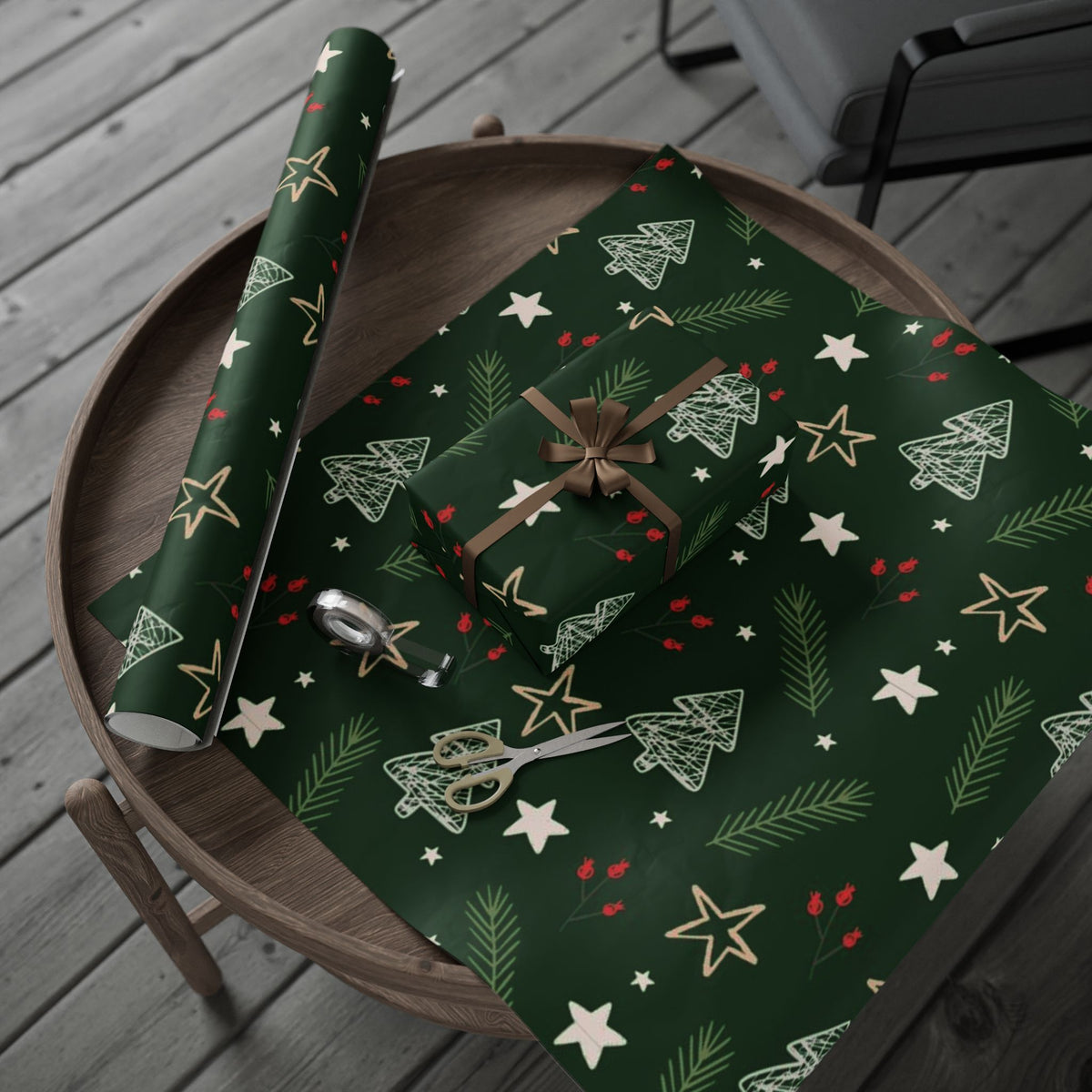 Festive Green Christmas Wrapping Paper with Stars and Holly